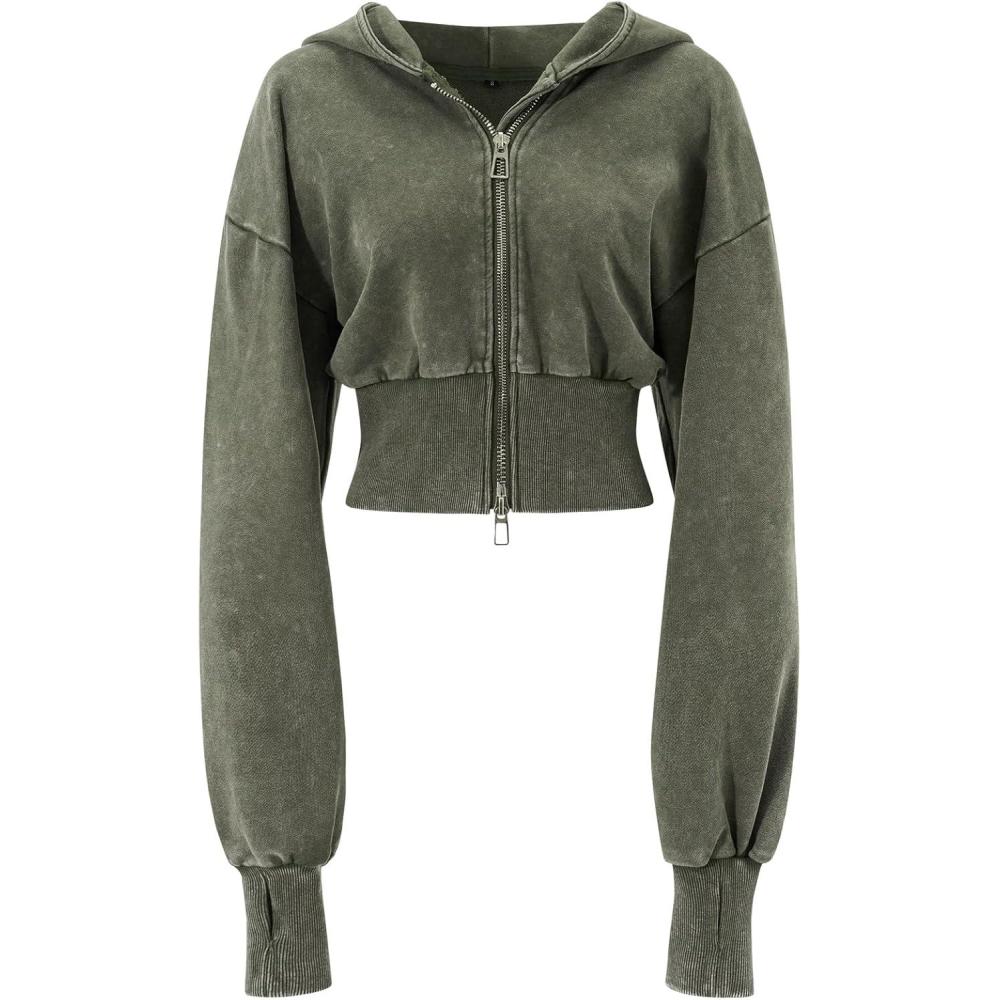 imageGihuo Womens Cropped Hoodie Zip Up Sweatshirt Long Sleeve Hooded Workout Jacket 2026 Washed Crop TopArmy