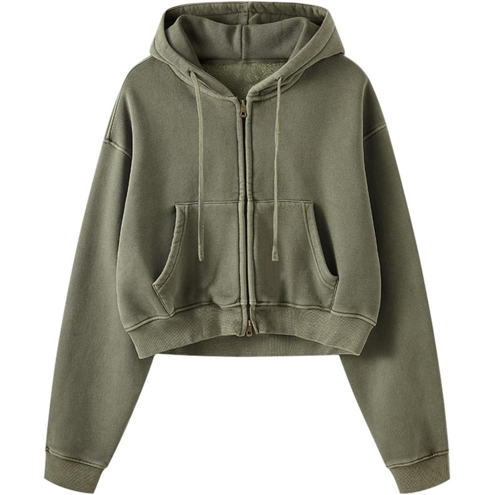 imageGihuo Womens Cropped ZipUp Hoodie Acid Wash Double Zipper Short SweatshirtArmygreen