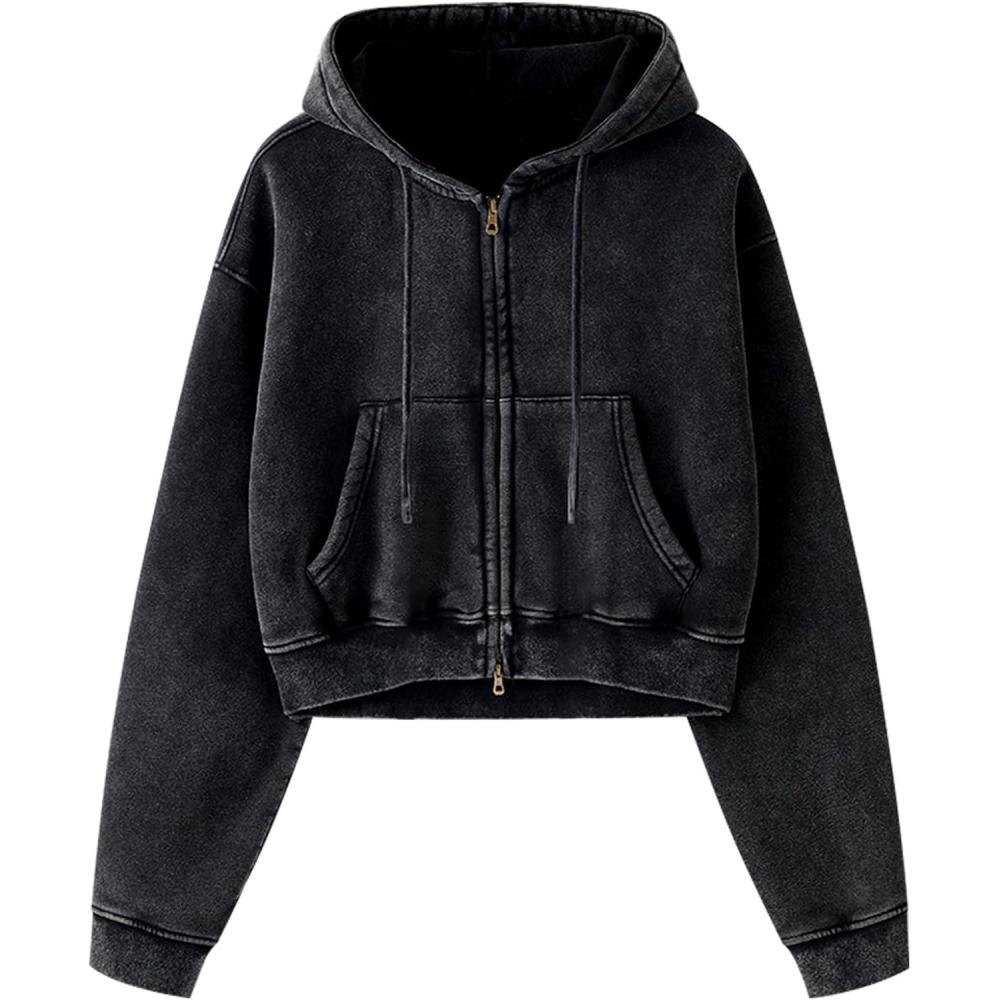 imageGihuo Womens Cropped ZipUp Hoodie Acid Wash Double Zipper Short SweatshirtBlack