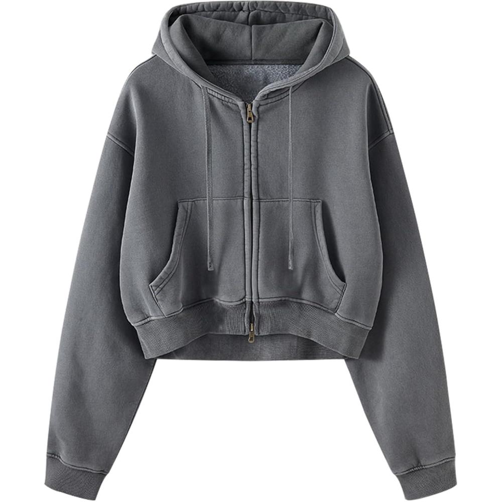 imageGihuo Womens Cropped ZipUp Hoodie Acid Wash Double Zipper Short SweatshirtDarkgrey