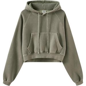 Gihuo Women’s Cropped Hoodie Acid Wash Fleece Lined Oversized Short Pullover Sweatshirt(Armygreen)