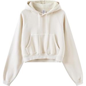 Gihuo Women’s Cropped Hoodie Acid Wash Fleece Lined Oversized Short Pullover Sweatshirt(Beige)