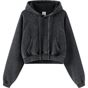 Gihuo Women’s Cropped Hoodie Acid Wash Fleece Lined Oversized Short Pullover Sweatshirt(Black)