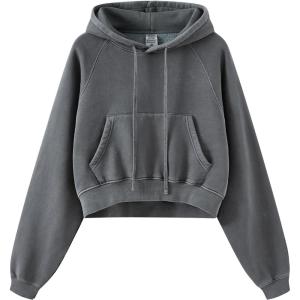 Gihuo Women’s Cropped Hoodie Acid Wash Fleece Lined Oversized Short Pullover Sweatshirt(Darkgrey)