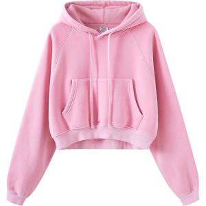 Gihuo Women’s Cropped Hoodie Acid Wash Fleece Lined Oversized Short Pullover Sweatshirt(Pink)