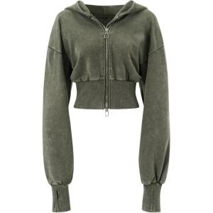 Gihuo Womens Cropped Hoodie Zip Up Sweatshirt Long Sleeve Hooded Workout Jacket 2026 Washed Crop Top(Army)