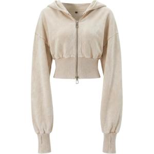 Gihuo Womens Cropped Hoodie Zip Up Sweatshirt Long Sleeve Hooded Workout Jacket 2026 Washed Crop Top(Beige)