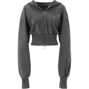 Gihuo Womens Cropped Hoodie Zip Up Sweatshirt Long Sleeve Hooded Workout Jacket 2026 Washed Crop Top(Grey)