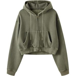 Gihuo Women’s Cropped Zip-Up Hoodie, Acid Wash Double Zipper Short Sweatshirt(Armygreen)