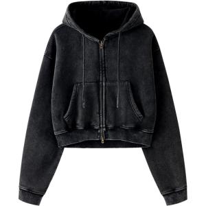 Gihuo Women’s Cropped Zip-Up Hoodie, Acid Wash Double Zipper Short Sweatshirt(Black)