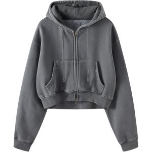Gihuo Women’s Cropped Zip-Up Hoodie, Acid Wash Double Zipper Short Sweatshirt(Darkgrey)