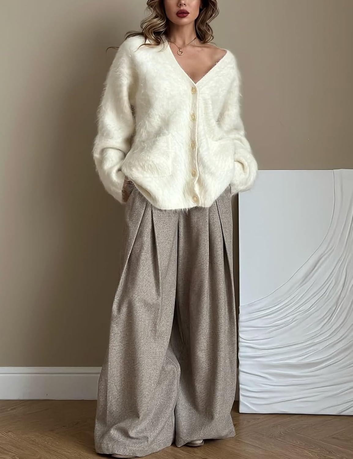 imageGihuo Women s Fuzzy Cardigan Sweaters V Neck Fluffy Cardigan Long Sleeve Button Down Knit Furry Sweater with PocketsApricot