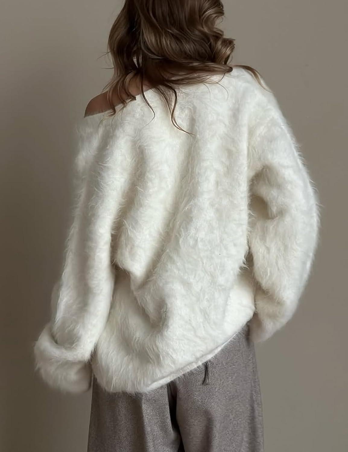 imageGihuo Women s Fuzzy Cardigan Sweaters V Neck Fluffy Cardigan Long Sleeve Button Down Knit Furry Sweater with PocketsApricot