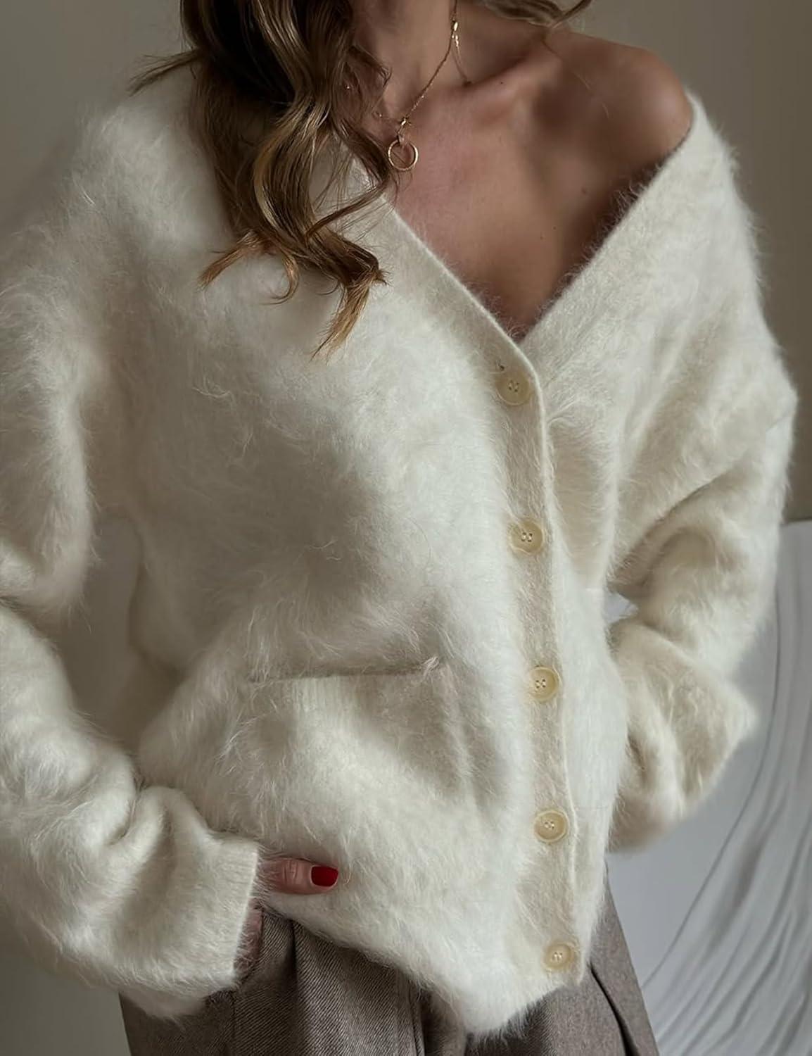 imageGihuo Women s Fuzzy Cardigan Sweaters V Neck Fluffy Cardigan Long Sleeve Button Down Knit Furry Sweater with PocketsApricot