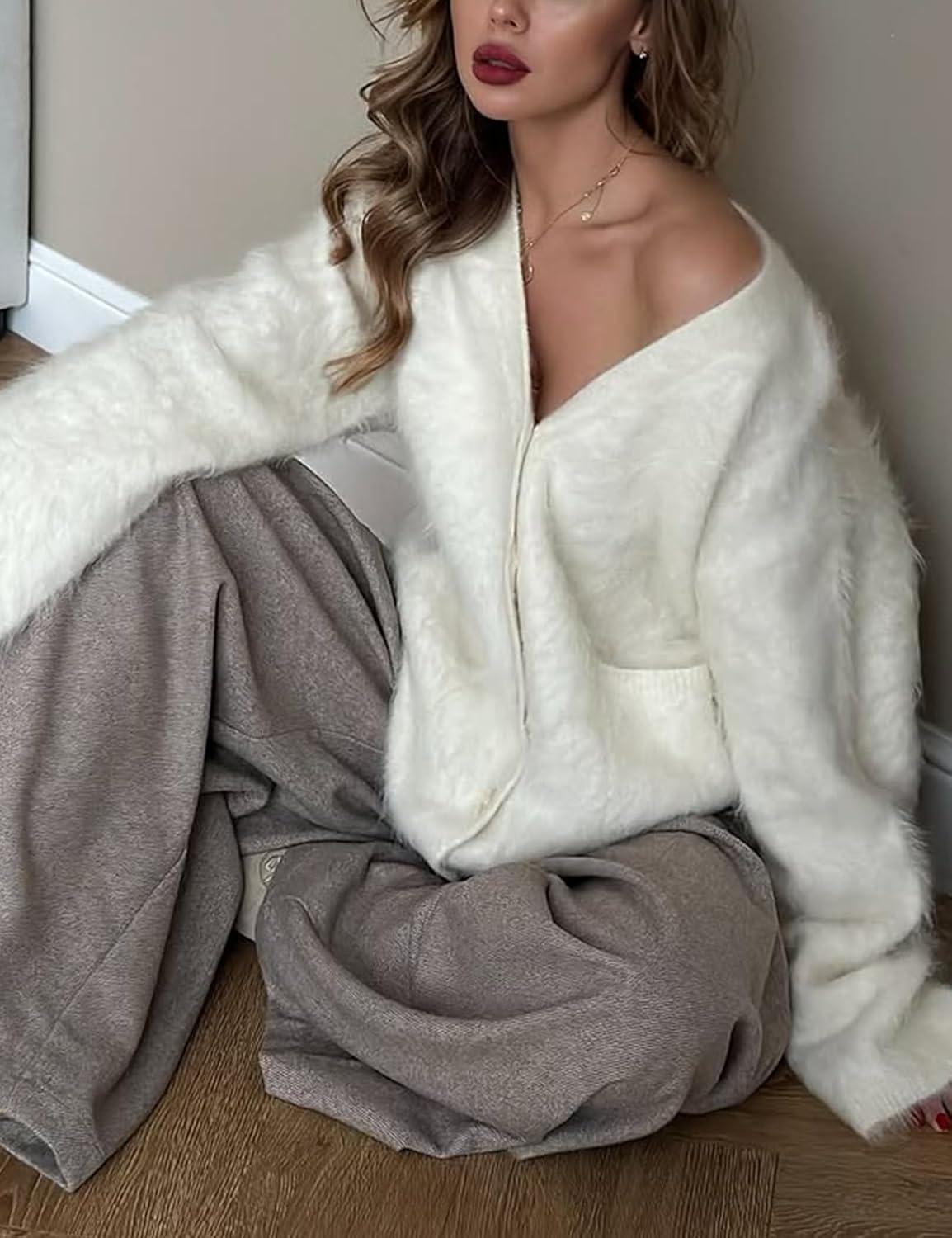 imageGihuo Women s Fuzzy Cardigan Sweaters V Neck Fluffy Cardigan Long Sleeve Button Down Knit Furry Sweater with PocketsApricot