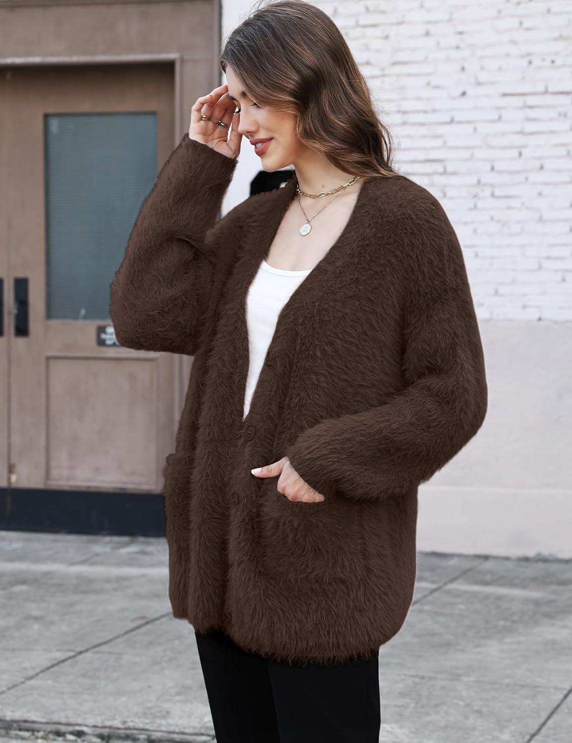 imageGihuo Women s Fuzzy Cardigan Sweaters V Neck Fluffy Cardigan Long Sleeve Button Down Knit Furry Sweater with PocketsCoffee