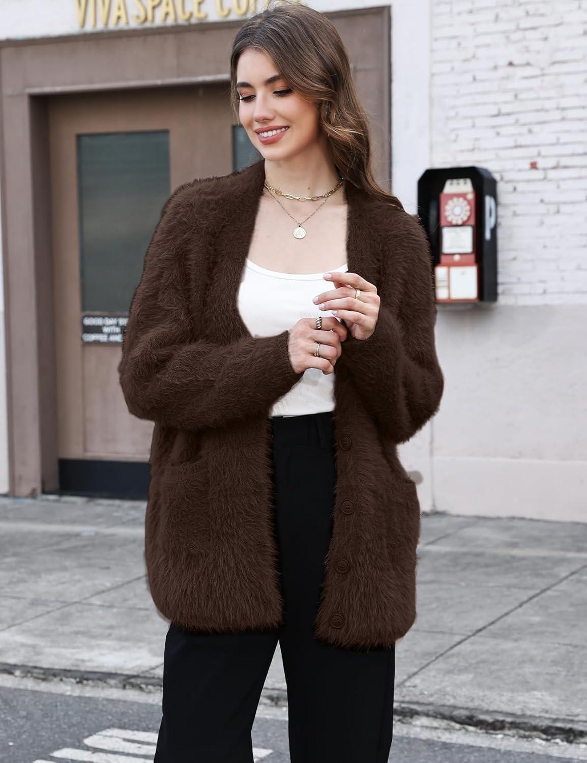 imageGihuo Women s Fuzzy Cardigan Sweaters V Neck Fluffy Cardigan Long Sleeve Button Down Knit Furry Sweater with PocketsCoffee
