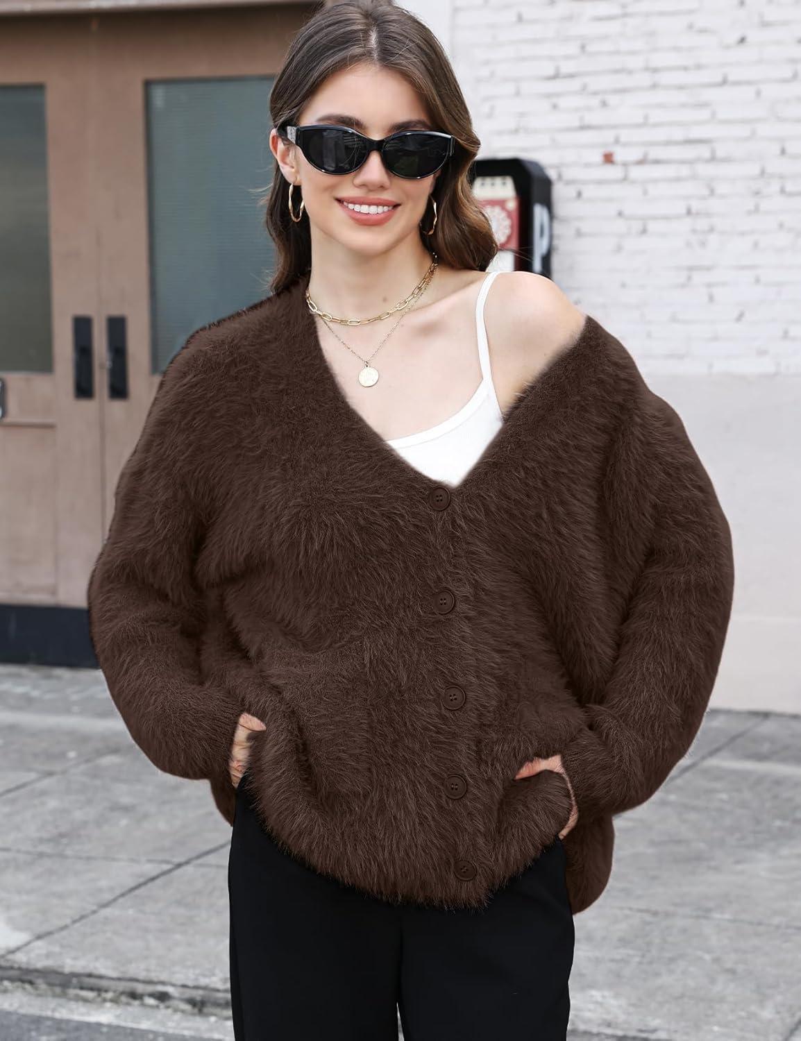 imageGihuo Women s Fuzzy Cardigan Sweaters V Neck Fluffy Cardigan Long Sleeve Button Down Knit Furry Sweater with PocketsCoffee
