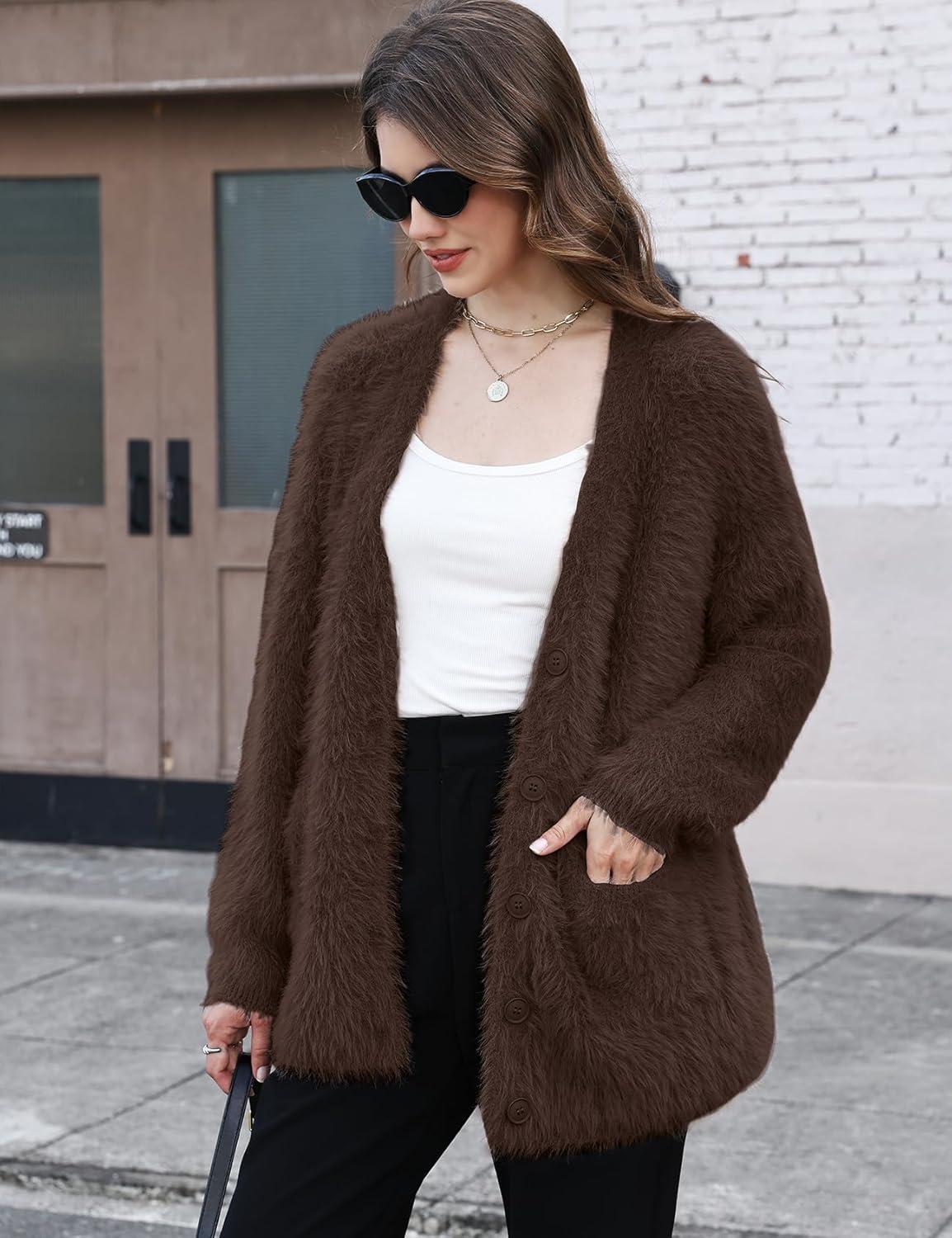 imageGihuo Women s Fuzzy Cardigan Sweaters V Neck Fluffy Cardigan Long Sleeve Button Down Knit Furry Sweater with PocketsCoffee