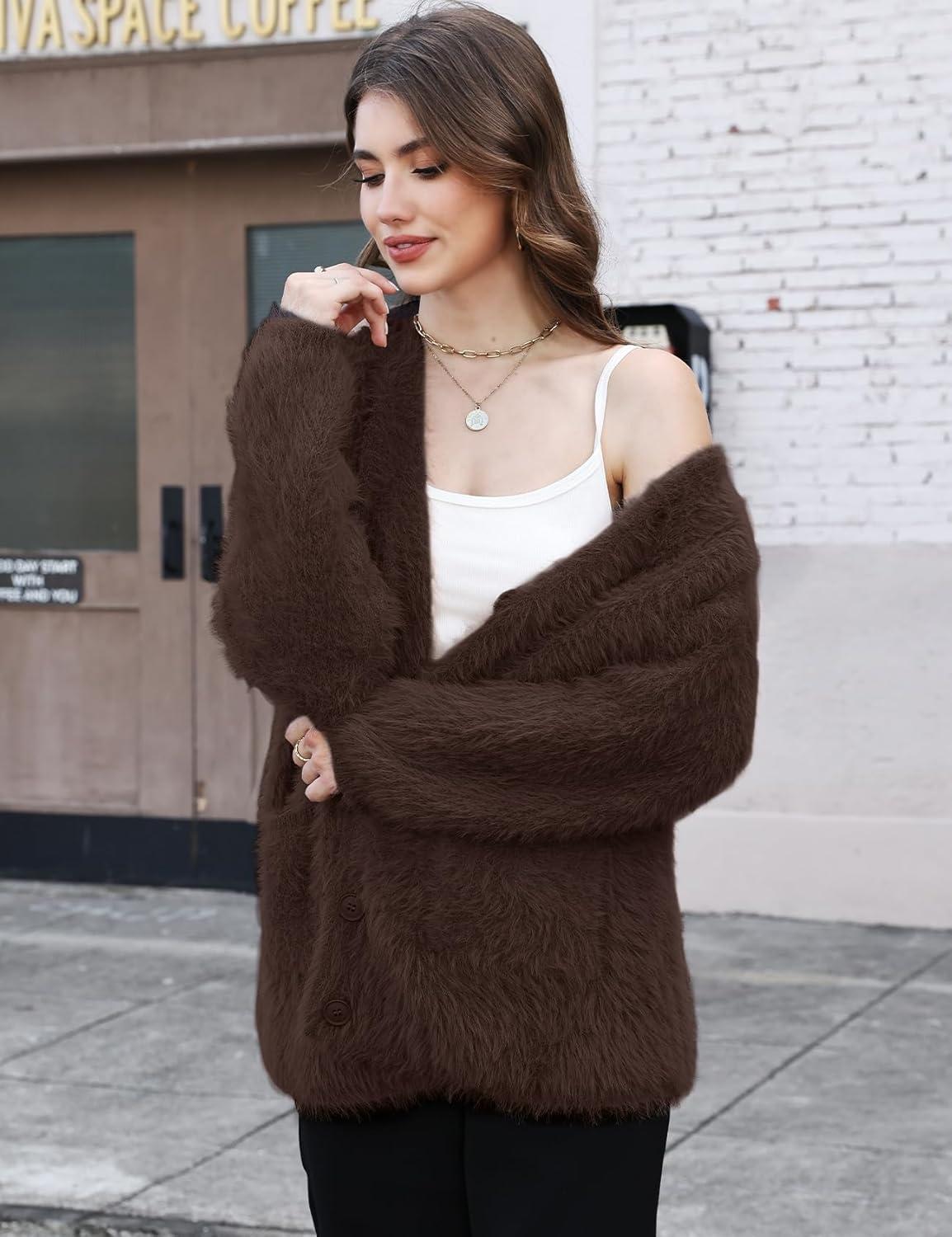 imageGihuo Women s Fuzzy Cardigan Sweaters V Neck Fluffy Cardigan Long Sleeve Button Down Knit Furry Sweater with PocketsCoffee