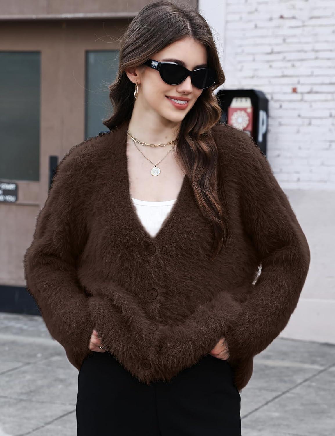 imageGihuo Women s Fuzzy Cardigan Sweaters V Neck Fluffy Cardigan Long Sleeve Button Down Knit Furry Sweater with PocketsCoffee