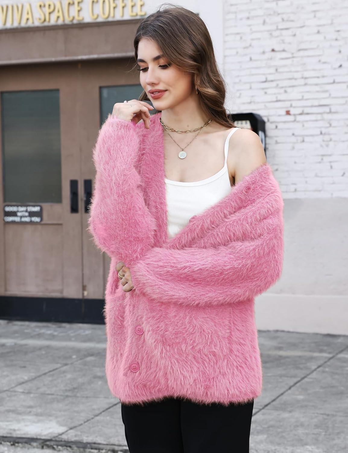 imageGihuo Women s Fuzzy Cardigan Sweaters V Neck Fluffy Cardigan Long Sleeve Button Down Knit Furry Sweater with PocketsPink
