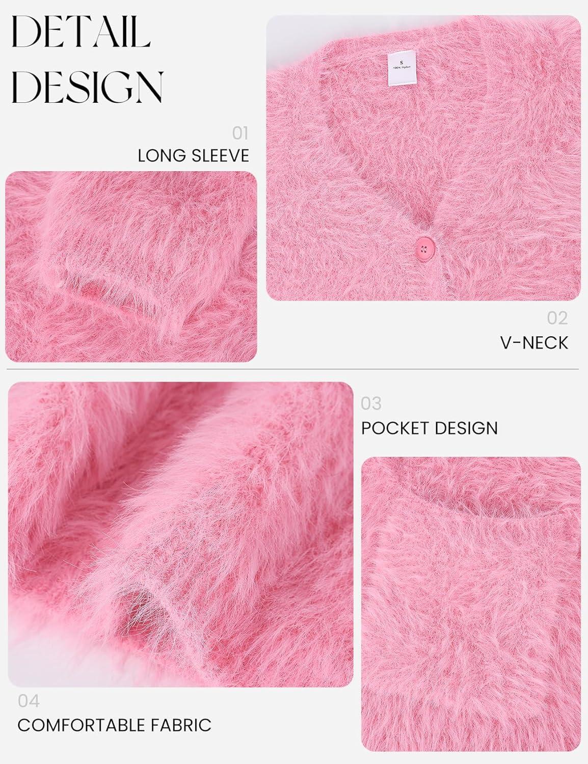 imageGihuo Women s Fuzzy Cardigan Sweaters V Neck Fluffy Cardigan Long Sleeve Button Down Knit Furry Sweater with PocketsPink