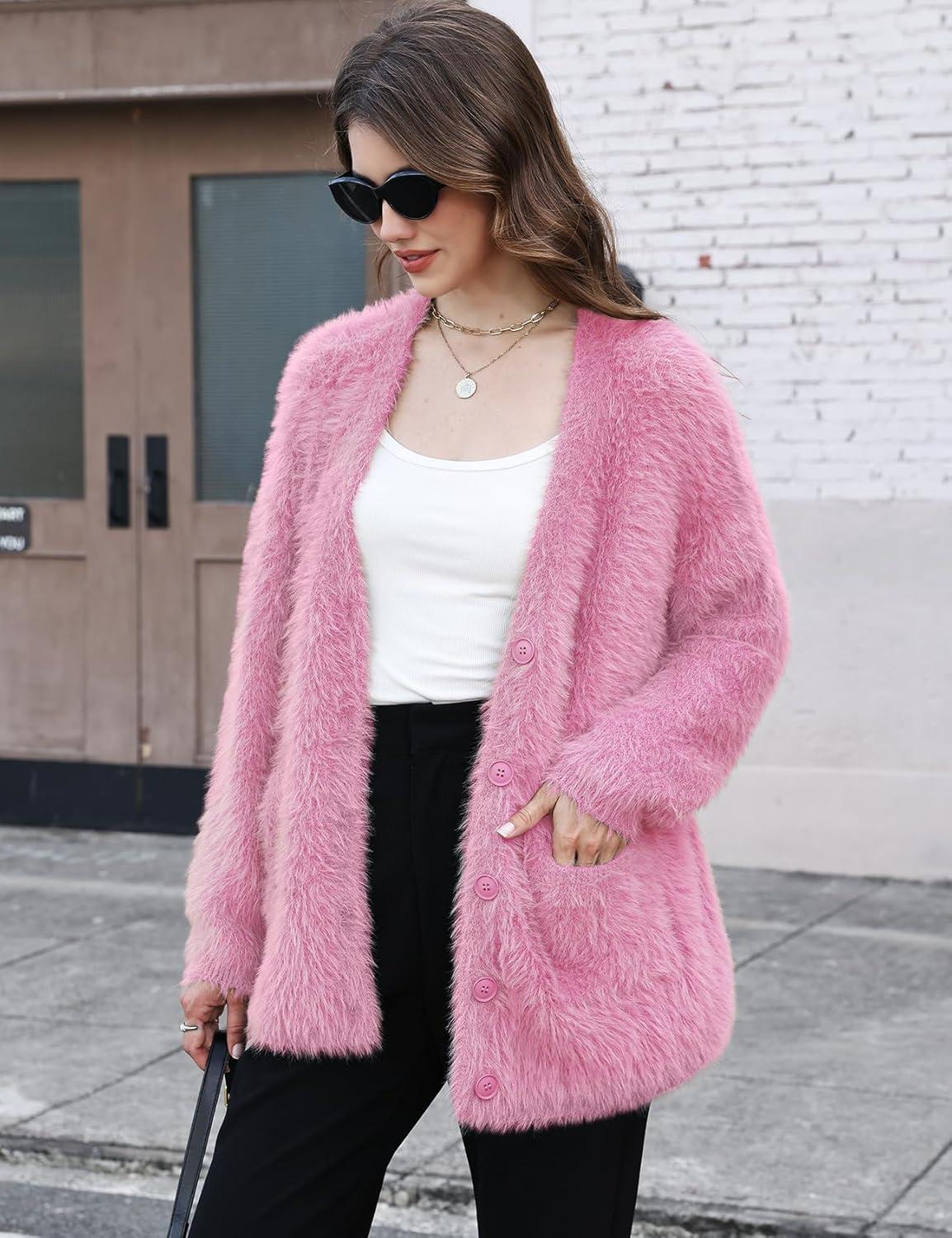imageGihuo Women s Fuzzy Cardigan Sweaters V Neck Fluffy Cardigan Long Sleeve Button Down Knit Furry Sweater with PocketsPink
