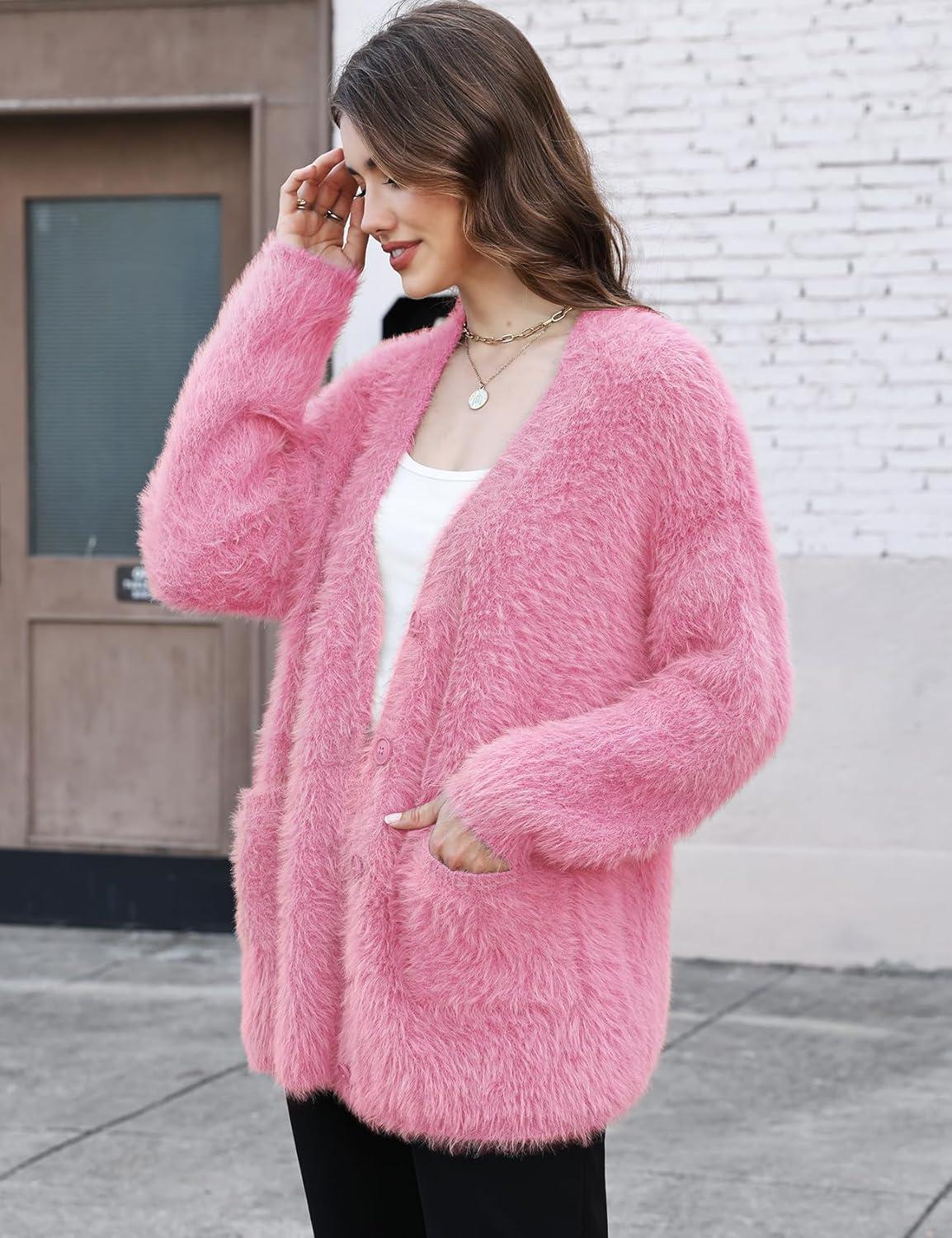 imageGihuo Women s Fuzzy Cardigan Sweaters V Neck Fluffy Cardigan Long Sleeve Button Down Knit Furry Sweater with PocketsPink