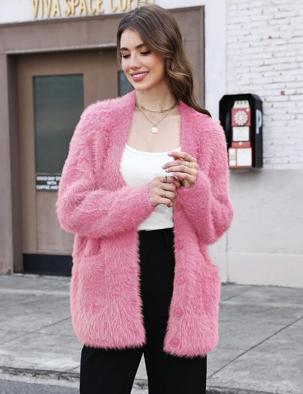 imageGihuo Women s Fuzzy Cardigan Sweaters V Neck Fluffy Cardigan Long Sleeve Button Down Knit Furry Sweater with PocketsPink