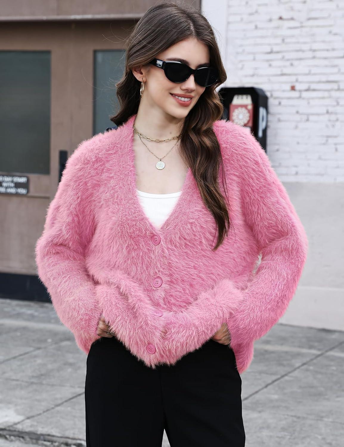 imageGihuo Women s Fuzzy Cardigan Sweaters V Neck Fluffy Cardigan Long Sleeve Button Down Knit Furry Sweater with PocketsPink