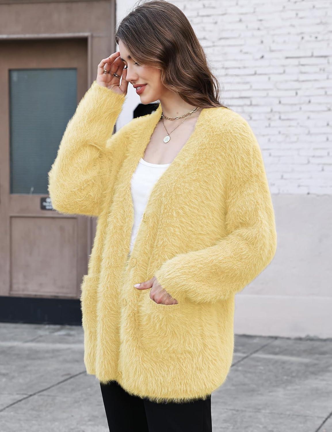 imageGihuo Women s Fuzzy Cardigan Sweaters V Neck Fluffy Cardigan Long Sleeve Button Down Knit Furry Sweater with PocketsYellow