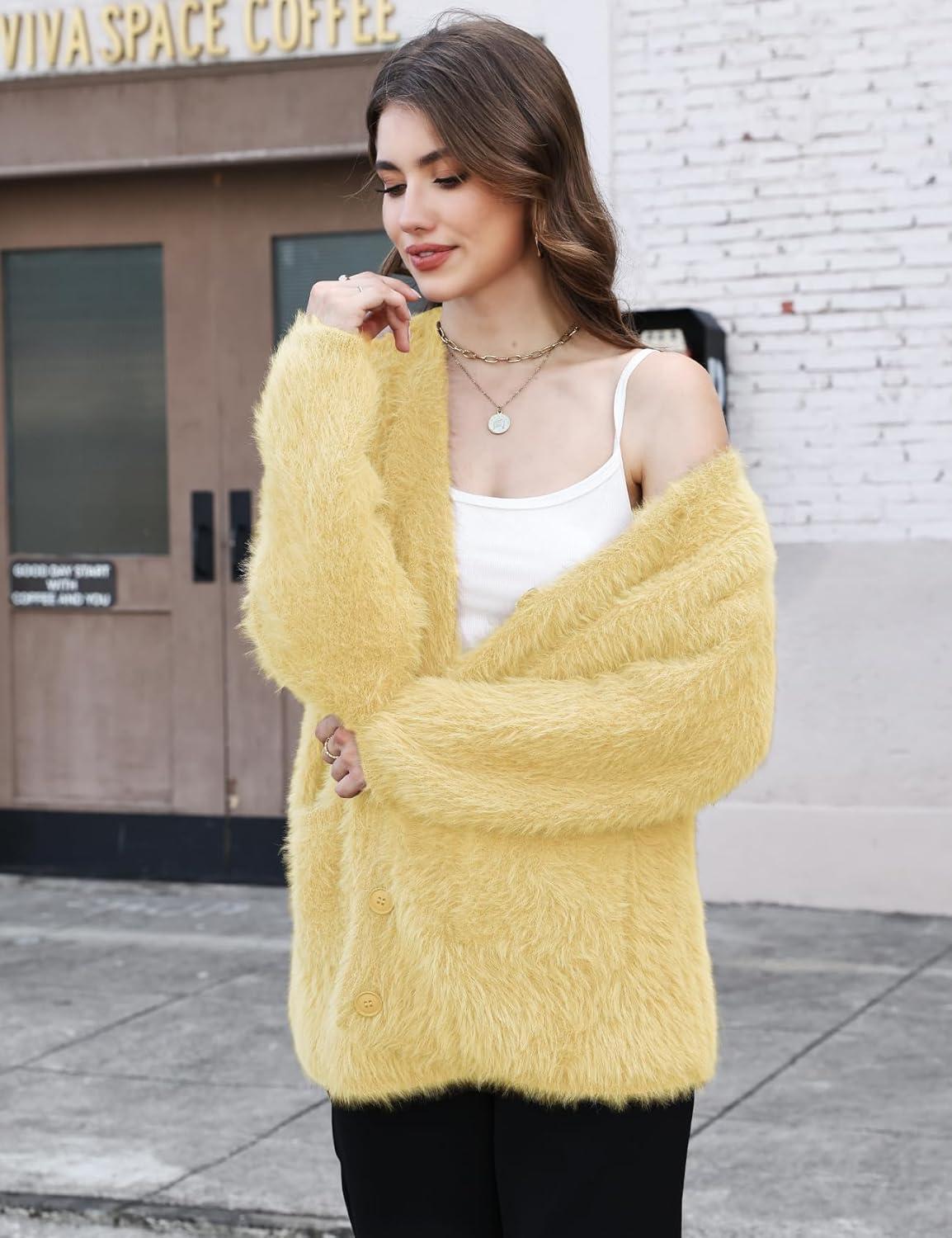 imageGihuo Women s Fuzzy Cardigan Sweaters V Neck Fluffy Cardigan Long Sleeve Button Down Knit Furry Sweater with PocketsYellow