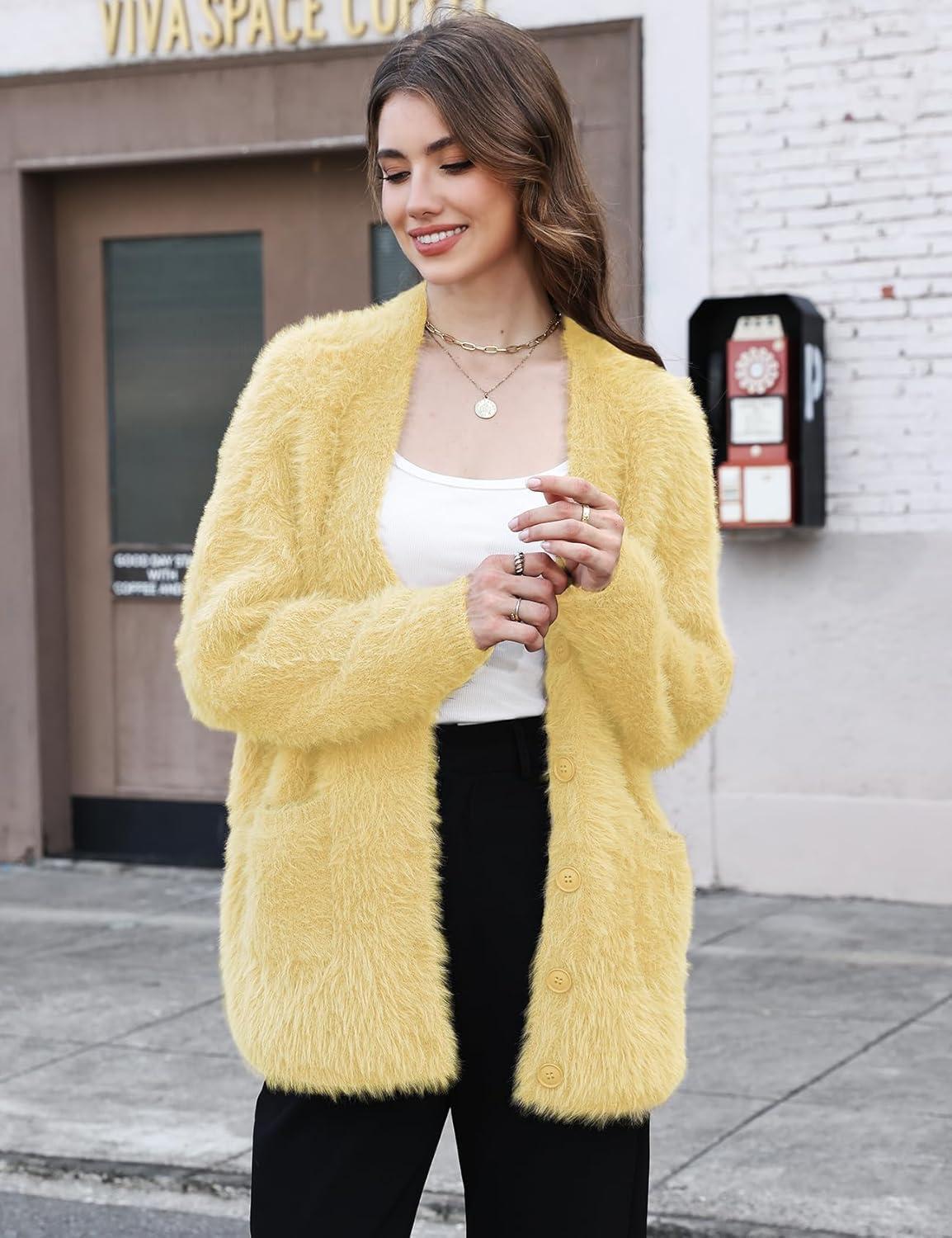 imageGihuo Women s Fuzzy Cardigan Sweaters V Neck Fluffy Cardigan Long Sleeve Button Down Knit Furry Sweater with PocketsYellow