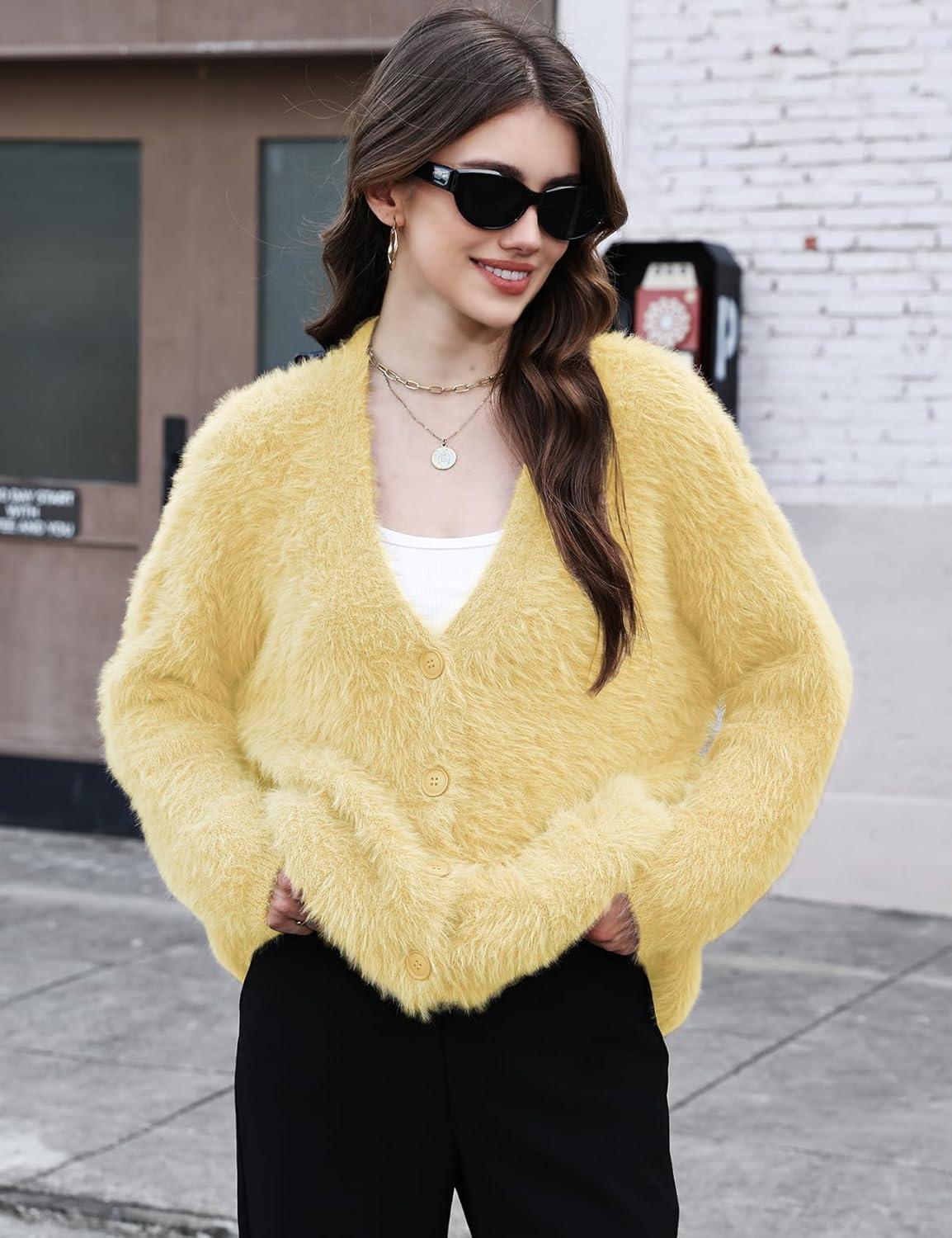 imageGihuo Women s Fuzzy Cardigan Sweaters V Neck Fluffy Cardigan Long Sleeve Button Down Knit Furry Sweater with PocketsYellow