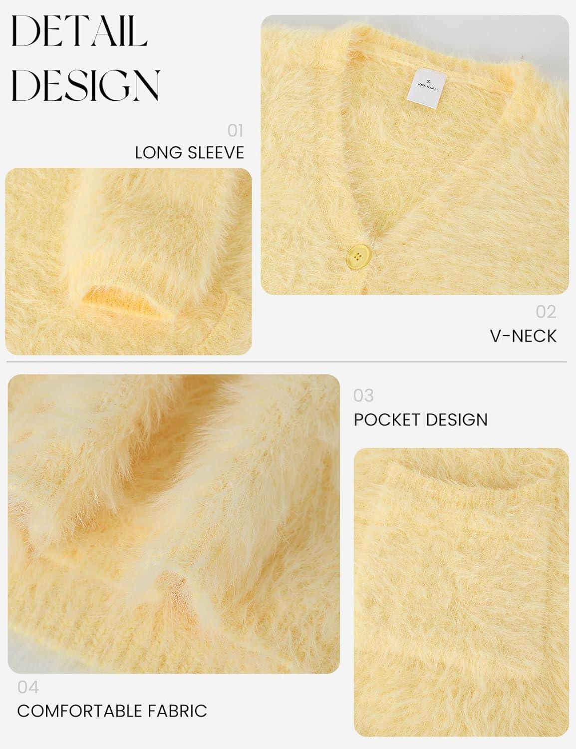 imageGihuo Women s Fuzzy Cardigan Sweaters V Neck Fluffy Cardigan Long Sleeve Button Down Knit Furry Sweater with PocketsYellow