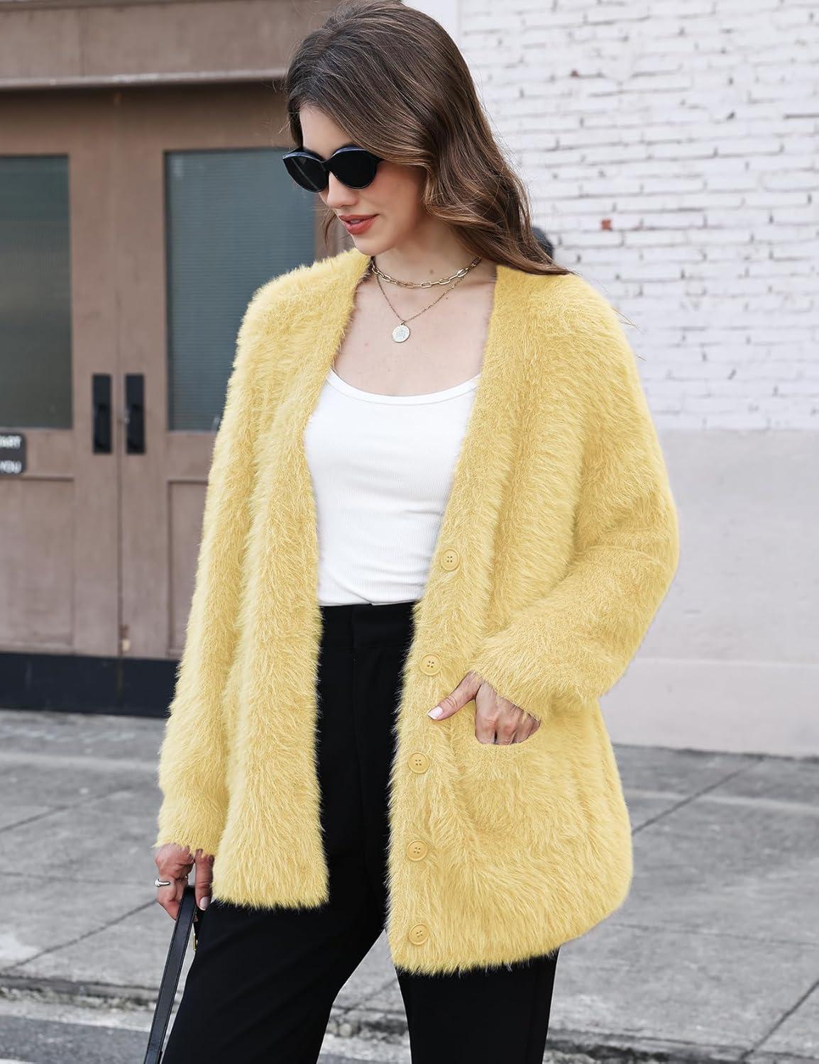 imageGihuo Women s Fuzzy Cardigan Sweaters V Neck Fluffy Cardigan Long Sleeve Button Down Knit Furry Sweater with PocketsYellow