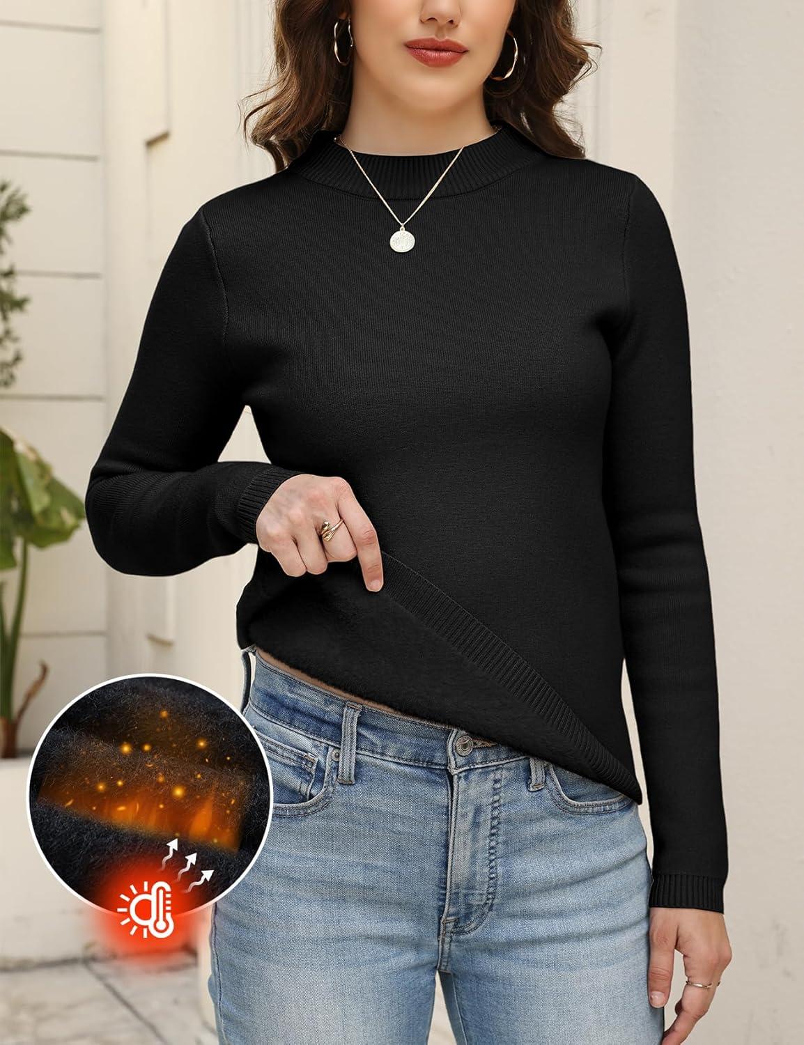 imageGihuo Womens Fleece Sweaters Sherpa Lined Thermal Shirts Long Sleeve Warm Base Layer 2026 Knit Fall SweatersBlack