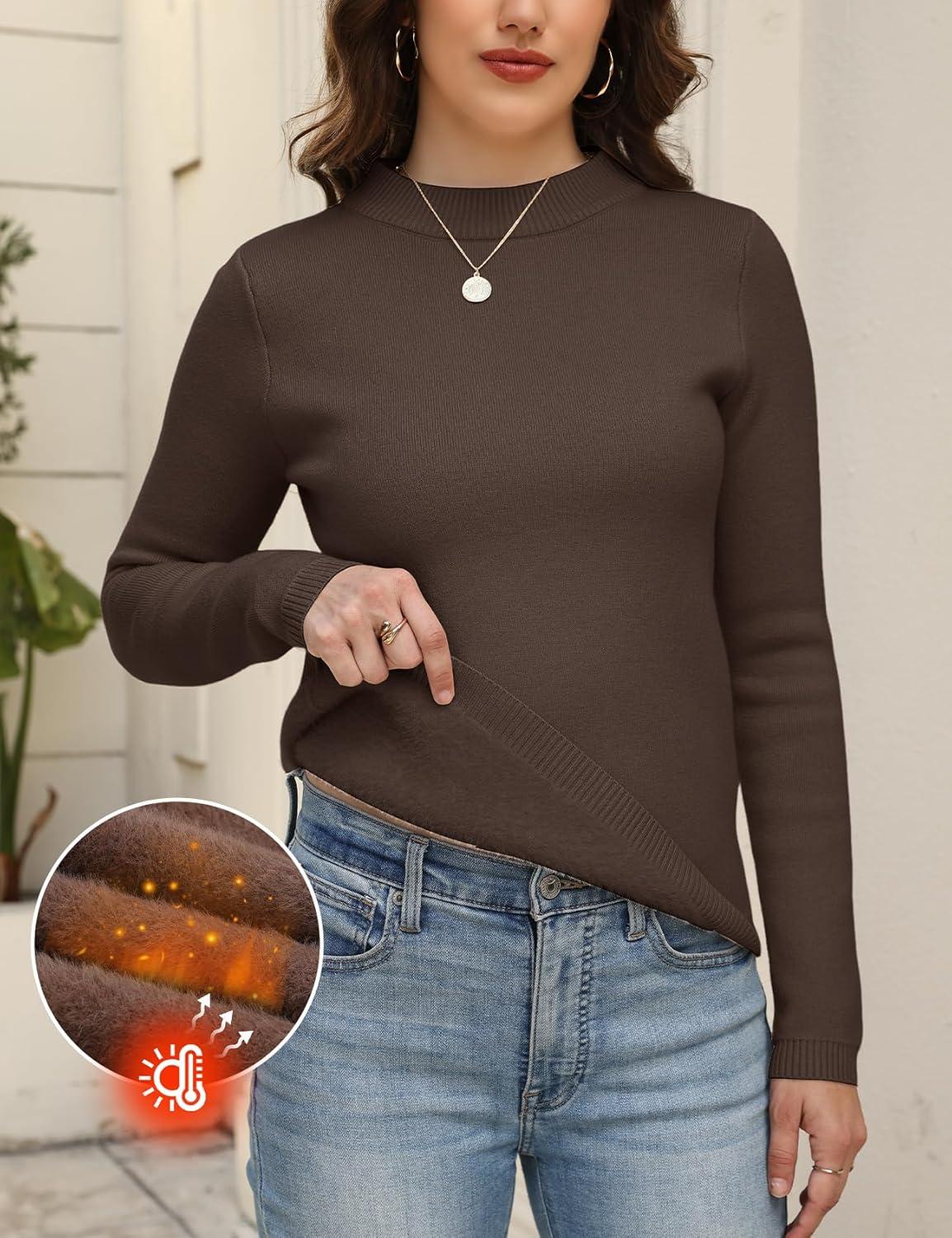 imageGihuo Womens Fleece Sweaters Sherpa Lined Thermal Shirts Long Sleeve Warm Base Layer 2026 Knit Fall SweatersCoffee