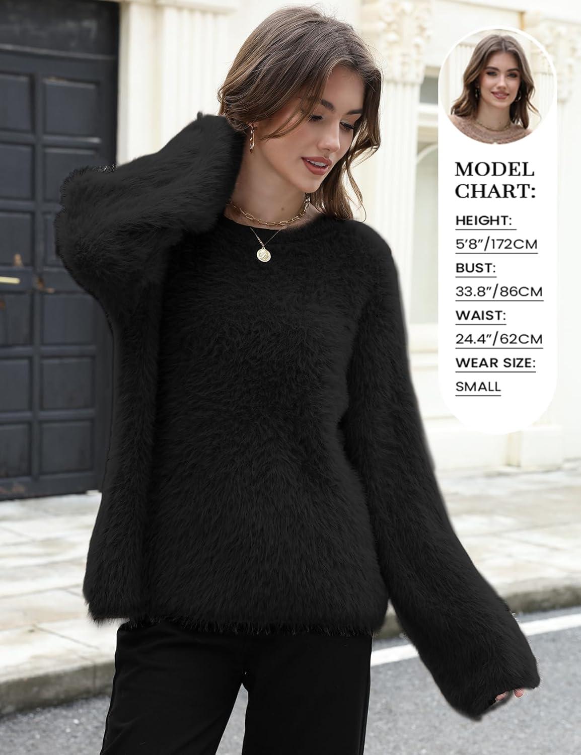imageGihuo Womens Fuzzy Sweaters Long Sleeve Pullover Fur Sweater Knit Sweater Jumper TopsBlack