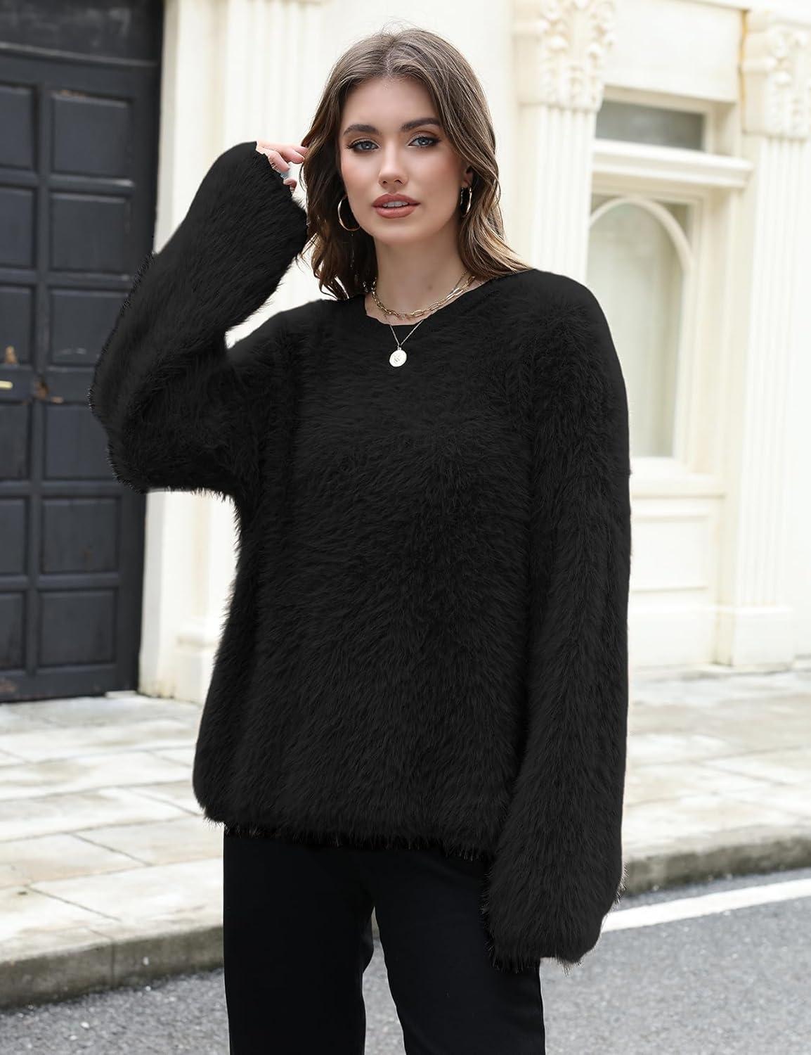 imageGihuo Womens Fuzzy Sweaters Long Sleeve Pullover Fur Sweater Knit Sweater Jumper TopsBlack