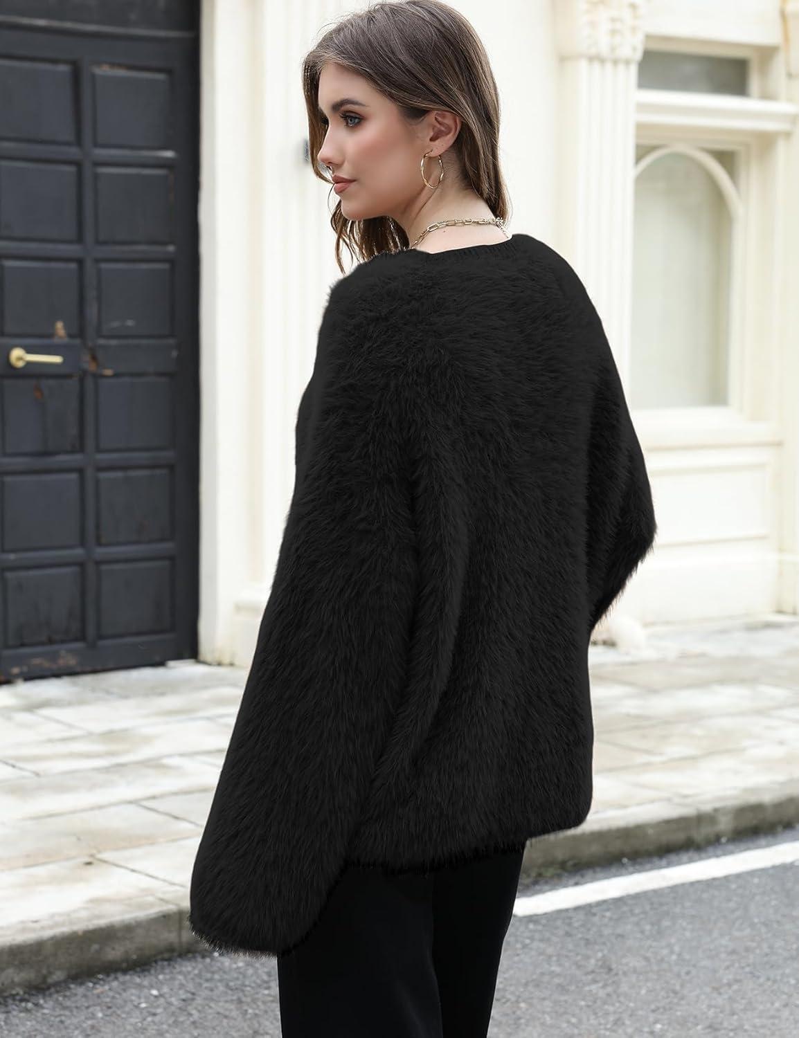 imageGihuo Womens Fuzzy Sweaters Long Sleeve Pullover Fur Sweater Knit Sweater Jumper TopsBlack