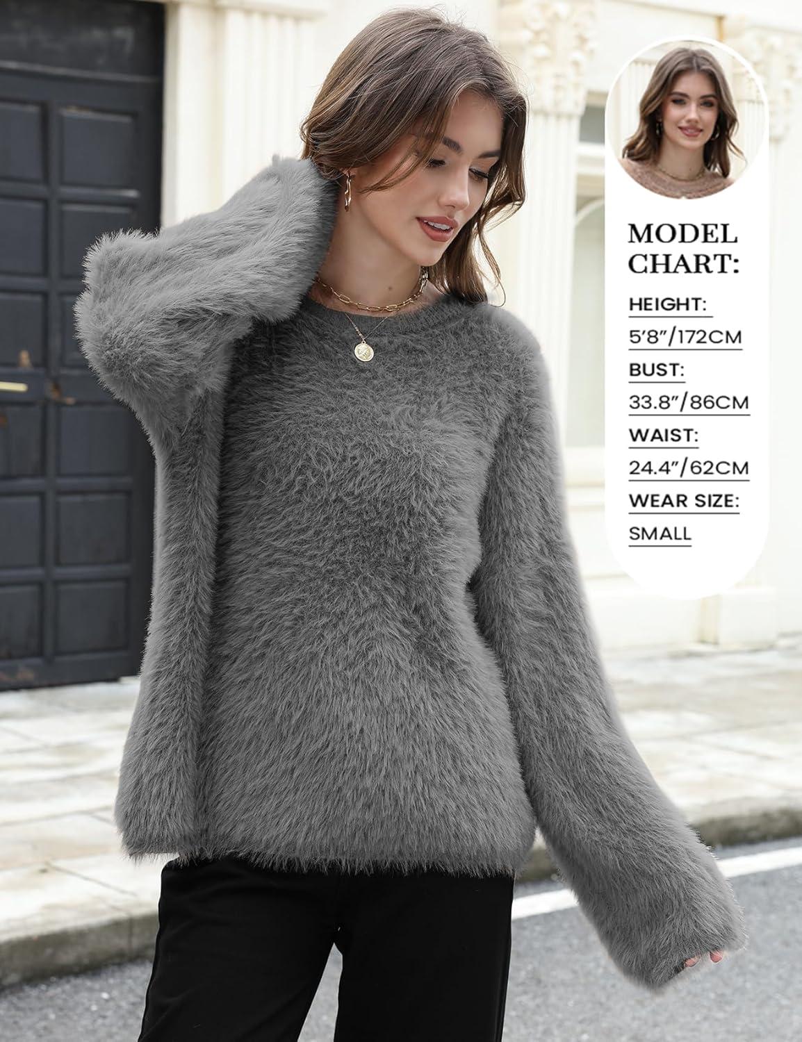 imageGihuo Womens Fuzzy Sweaters Long Sleeve Pullover Fur Sweater Knit Sweater Jumper TopsDarkgrey