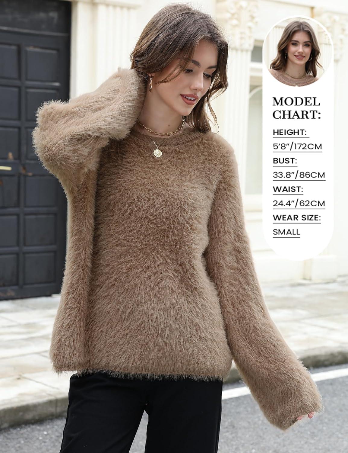 imageGihuo Womens Fuzzy Sweaters Long Sleeve Pullover Fur Sweater Knit Sweater Jumper TopsKhaki