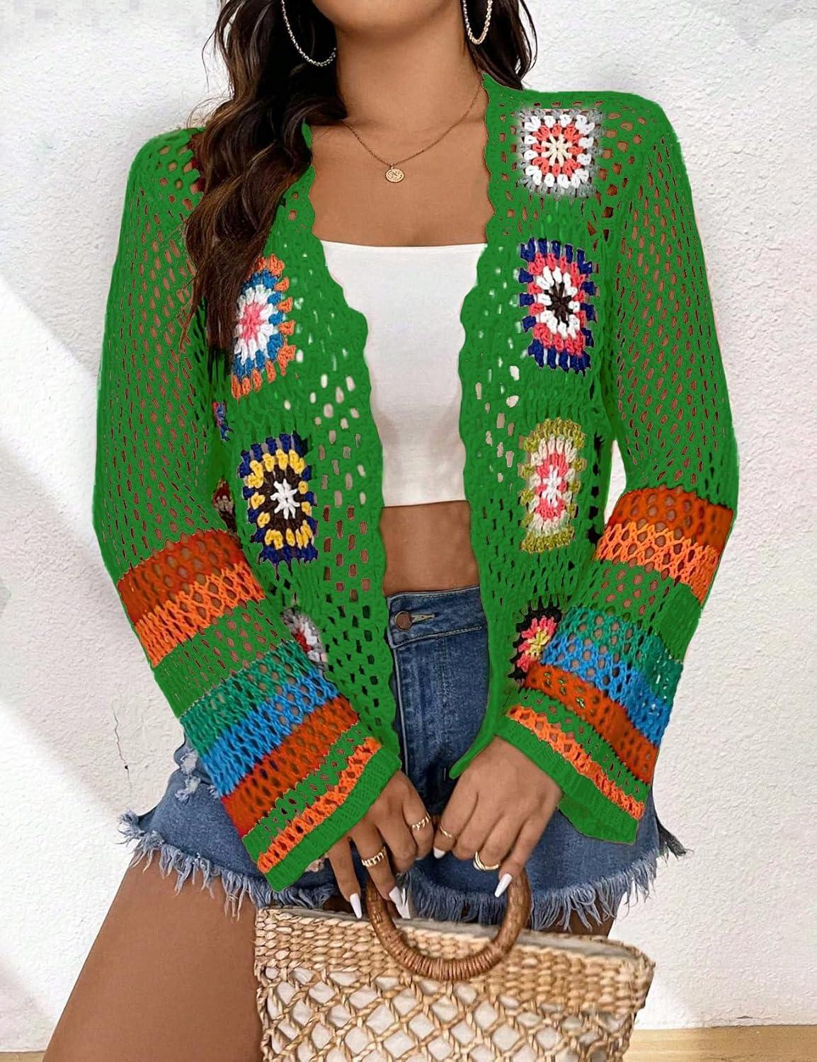 imageWomens Floral Crochet Cardigan Boho Hollow Out Sweater CardiganGreen