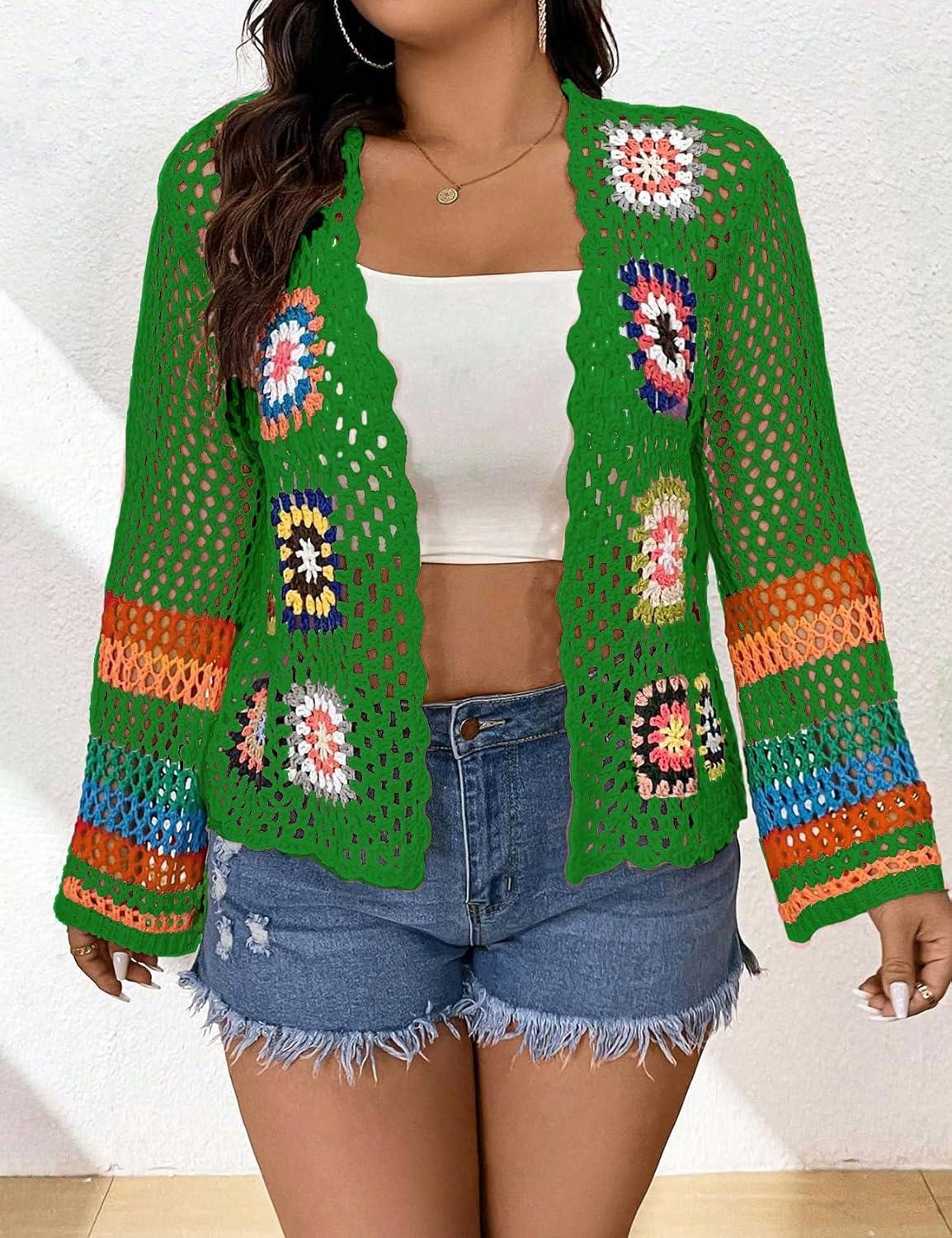 imageWomens Floral Crochet Cardigan Boho Hollow Out Sweater CardiganGreen