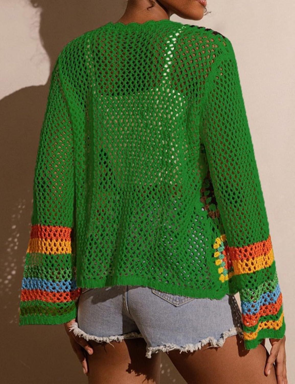 imageWomens Floral Crochet Cardigan Boho Hollow Out Sweater CardiganGreen