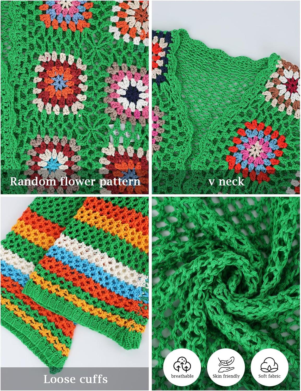 imageWomens Floral Crochet Cardigan Boho Hollow Out Sweater CardiganGreen