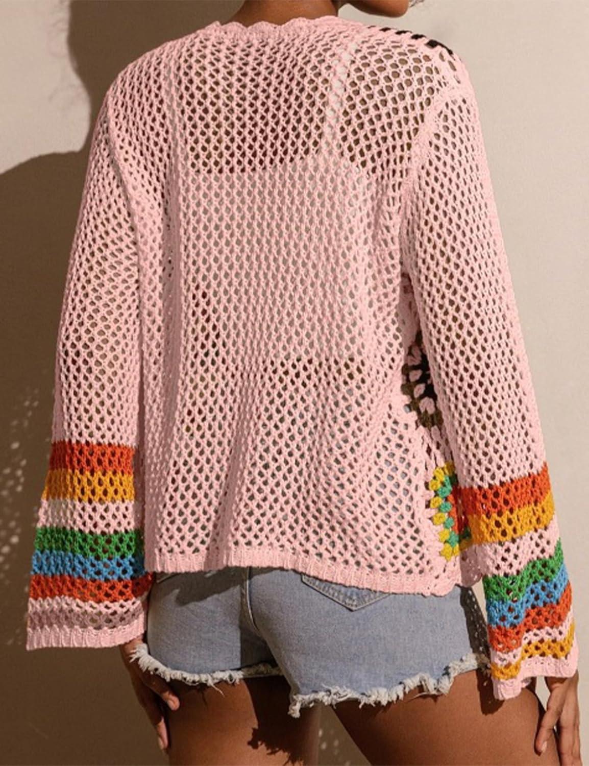 imageWomens Floral Crochet Cardigan Boho Hollow Out Sweater CardiganPink