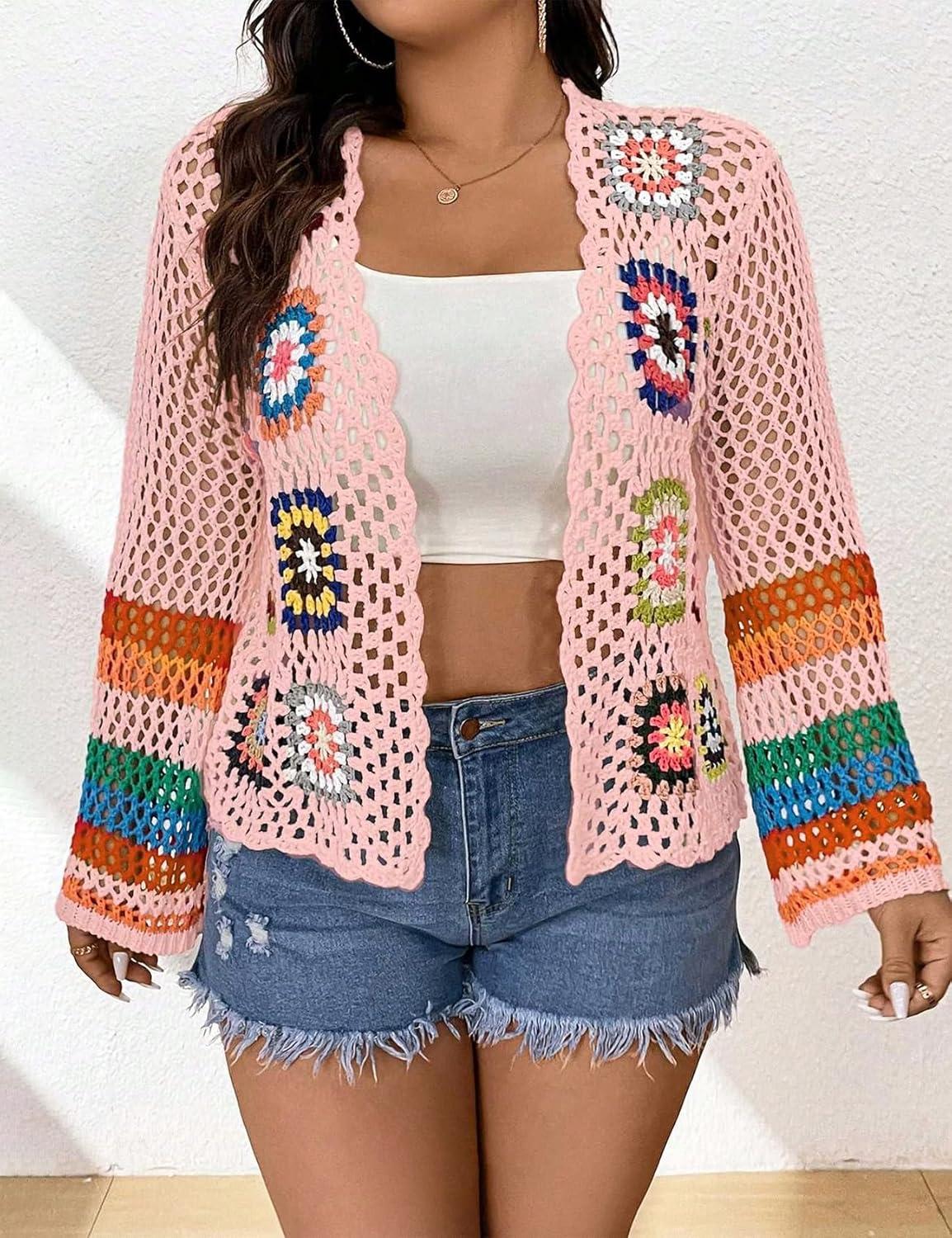 imageWomens Floral Crochet Cardigan Boho Hollow Out Sweater CardiganPink